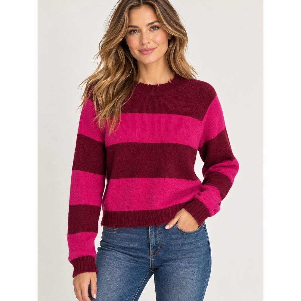 Minnie Rose 100% Cashmere Striped Distressed Sweater Pink Burgundy Sz M Medium